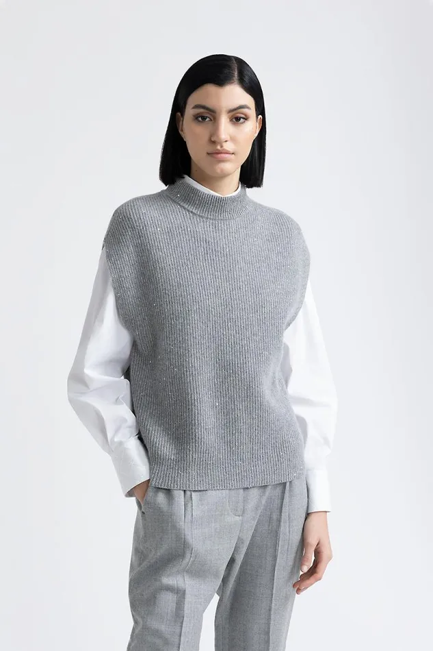 Peserico Knitwear Woman Wool Cashmere Lurex And Sequins Cape Granite