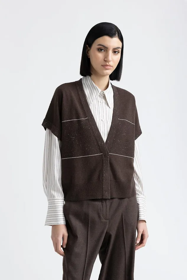 Peserico Knitwear Woman Wool Silk Cashmere And Lurex Short Sleeve Cardigan Walnut