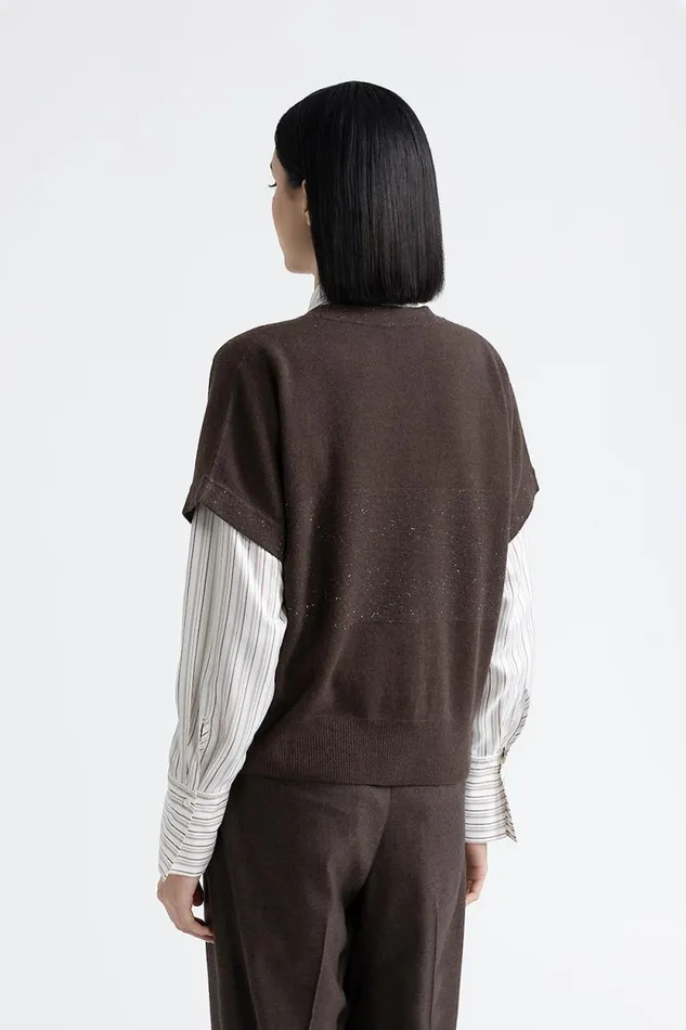 Peserico Knitwear Woman Wool Silk Cashmere And Lurex Short Sleeve Cardigan Walnut Peserico Knitwear Woman Wool Silk Cashmere And Lurex Short Sleeve Cardigan Walnut