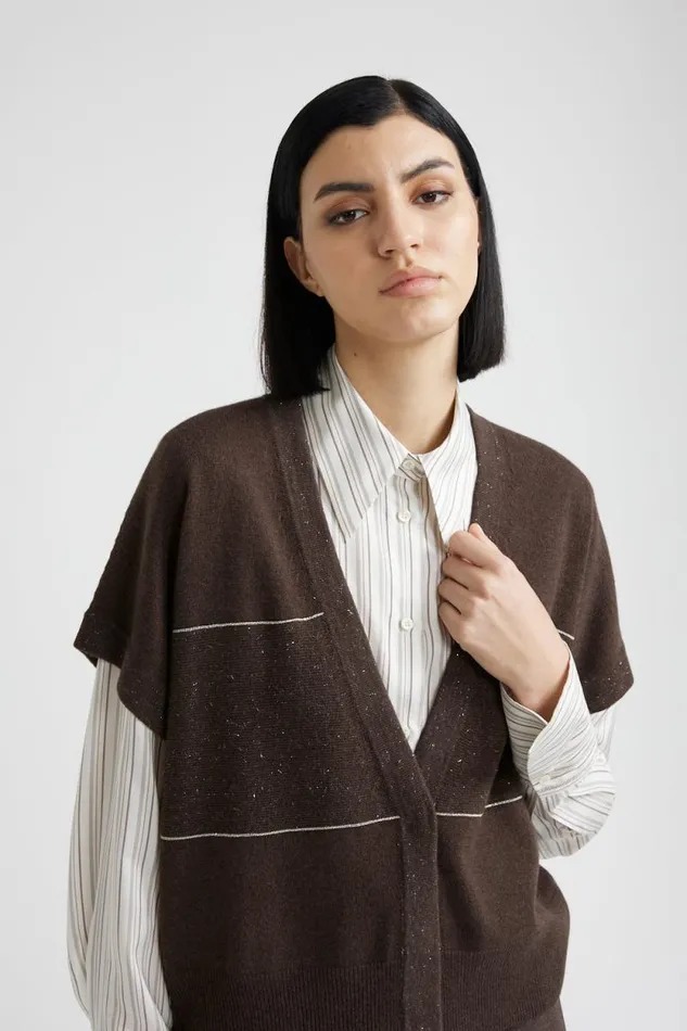 Peserico Knitwear Woman Wool Silk Cashmere And Lurex Short Sleeve Cardigan Walnut Peserico Knitwear Woman Wool Silk Cashmere And Lurex Short Sleeve Cardigan Walnut