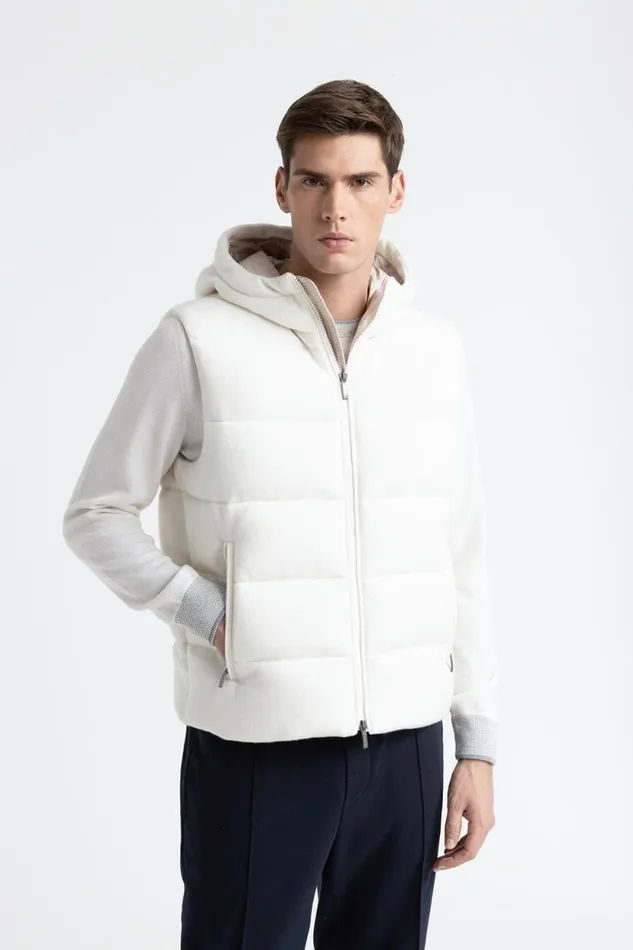Peserico Outerwear Man Goose Down Vest In Wool And Cashmere Pure White