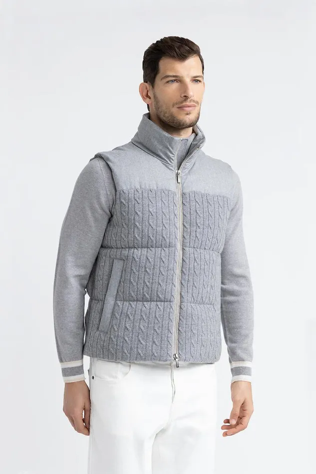 Peserico Outerwear Man Sleeveless Goose Down Jacket In Tricot Wool Granite