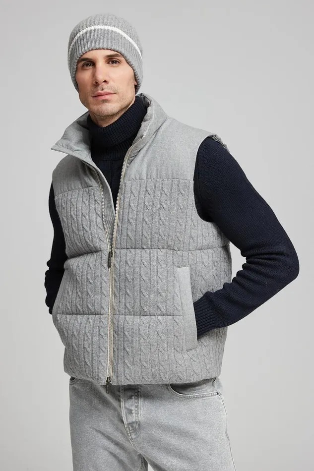 Peserico Outerwear Man Sleeveless Goose Down Jacket In Tricot Wool Granite Peserico Outerwear Man Sleeveless Goose Down Jacket In Tricot Wool Granite