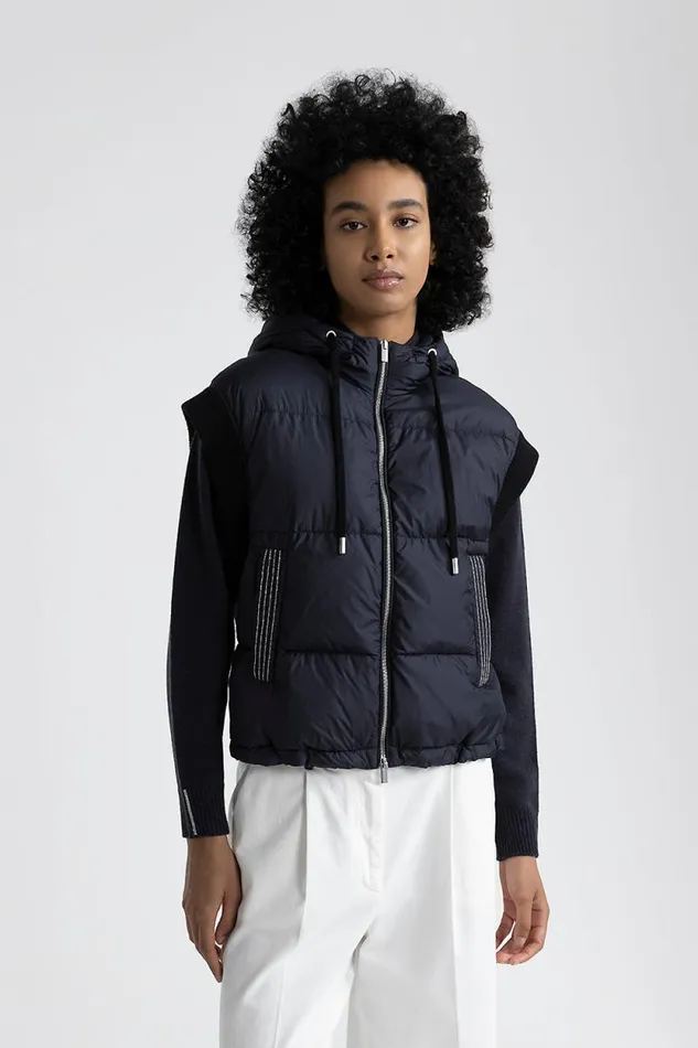 Peserico Outerwear Woman Down Waistcoat With Wool And Microfibre Hood Blue