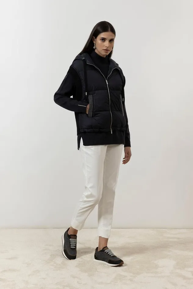 Peserico Outerwear Woman Down Waistcoat With Wool And Microfibre Hood Blue Peserico Outerwear Woman Down Waistcoat With Wool And Microfibre Hood Blue