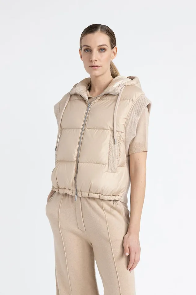 Peserico Outerwear Woman Down Waistcoat With Wool And Microfibre Hood Macchiato