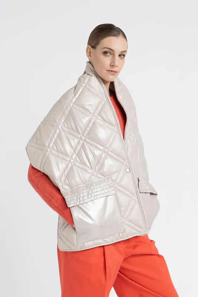 Peserico Outerwear Woman Laminated Quilted Maxi Shawl Barley