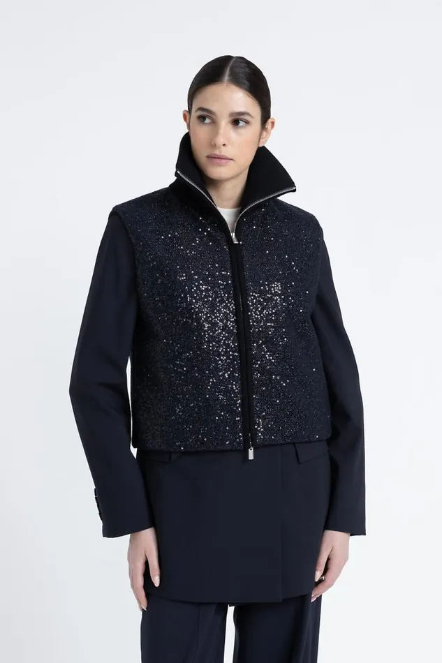 Peserico Outerwear Woman Padded Lurex Fabric Waistcoat With Sequins Inkwell Blue