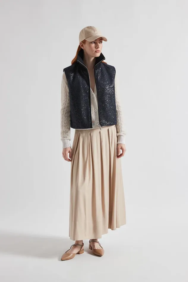 Peserico Outerwear Woman Padded Lurex Fabric Waistcoat With Sequins Inkwell Blue Peserico Outerwear Woman Padded Lurex Fabric Waistcoat With Sequins Inkwell Blue
