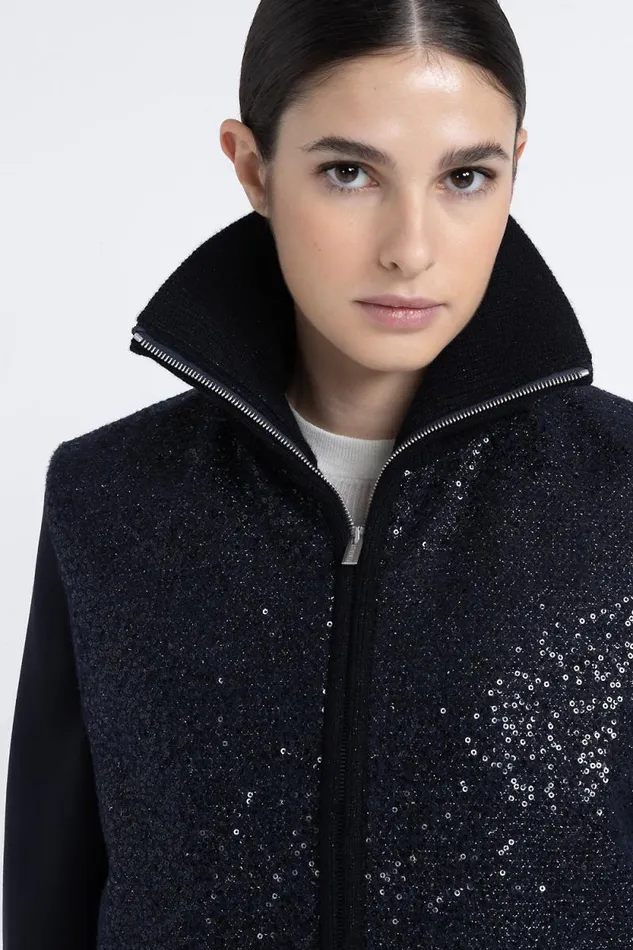 Peserico Outerwear Woman Padded Lurex Fabric Waistcoat With Sequins Inkwell Blue Peserico Outerwear Woman Padded Lurex Fabric Waistcoat With Sequins Inkwell Blue