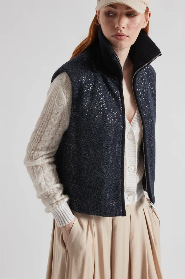 Peserico Outerwear Woman Padded Lurex Fabric Waistcoat With Sequins Inkwell Blue Peserico Outerwear Woman Padded Lurex Fabric Waistcoat With Sequins Inkwell Blue