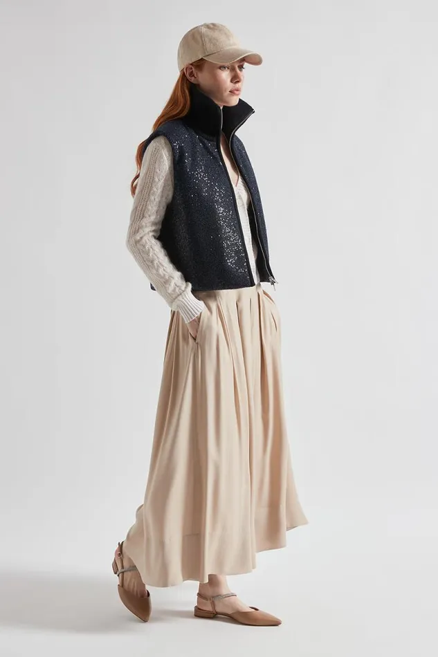 Peserico Outerwear Woman Padded Lurex Fabric Waistcoat With Sequins Inkwell Blue Peserico Outerwear Woman Padded Lurex Fabric Waistcoat With Sequins Inkwell Blue