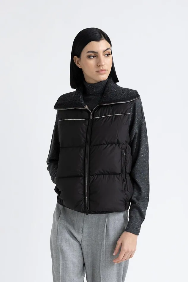 Peserico Outerwear Woman Sleeveless Goose Down Jacket With Tricot Collar Graphite