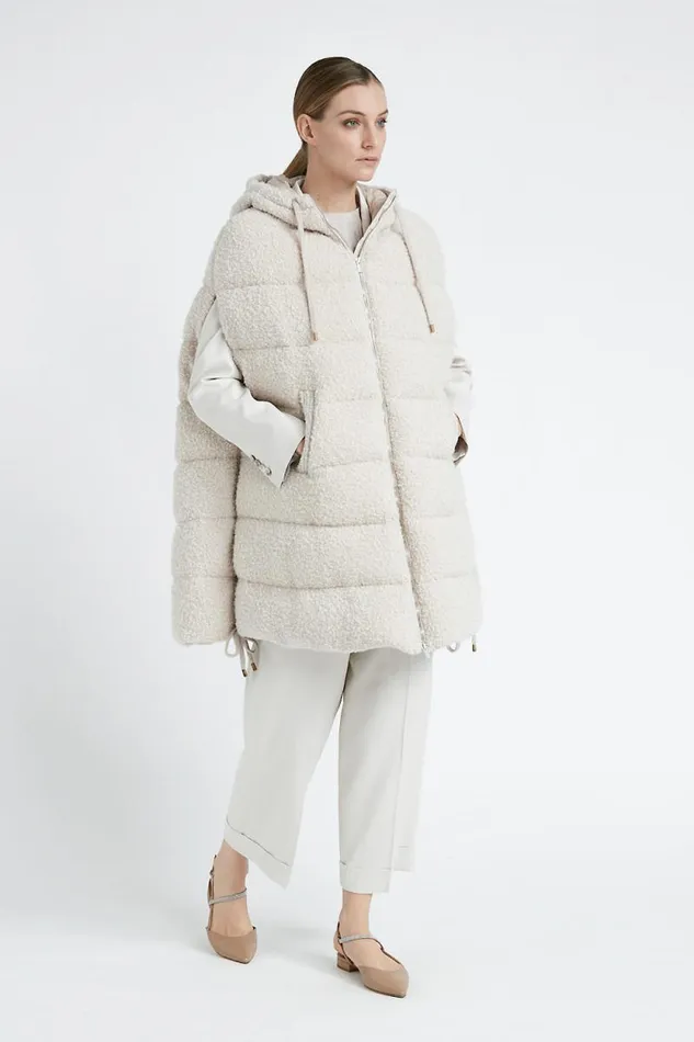 Peserico Outerwear Woman Sleeveless Midi Down Jacket In Wool Boucl Fabric Barley Peserico Outerwear Woman Sleeveless Midi Down Jacket In Wool Boucl Fabric Barley