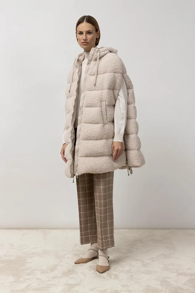 Peserico Outerwear Woman Sleeveless Midi Down Jacket In Wool Boucl Fabric Barley Peserico Outerwear Woman Sleeveless Midi Down Jacket In Wool Boucl Fabric Barley