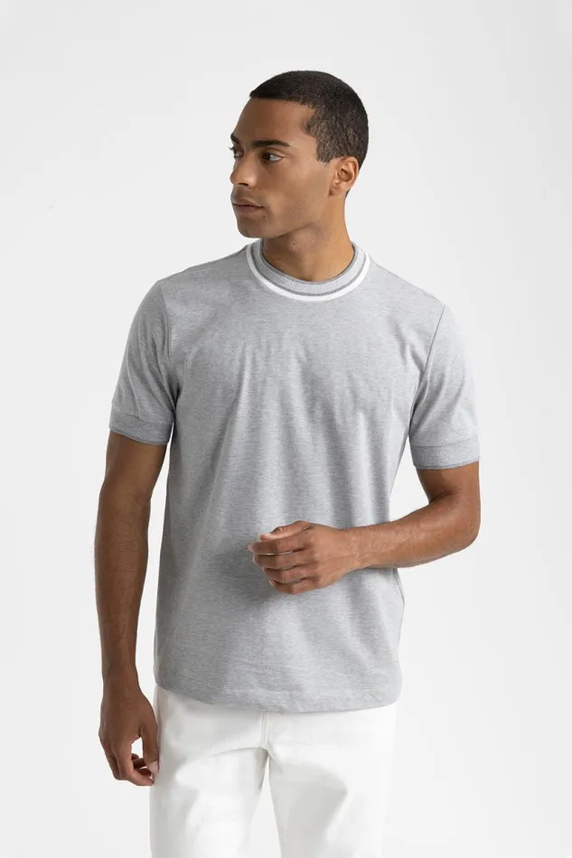 Peserico Polos And TShirts Man Pure Cotton Jersey TShirt With Knitted Details Granite Peserico Polos And TShirts Man Pure Cotton Jersey TShirt With Knitted Details Granite