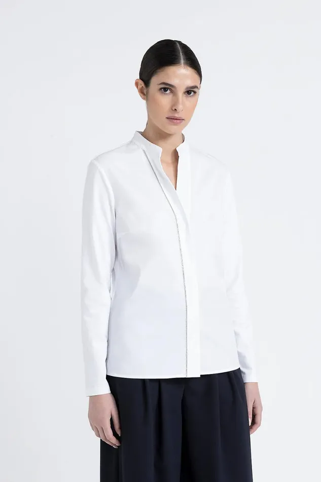 Peserico Shirts And Blouses Woman Mandarin Collar Poplin And Cotton Jersey Shirt Pure White Peserico Shirts And Blouses Woman Mandarin Collar Poplin And Cotton Jersey Shirt Pure White