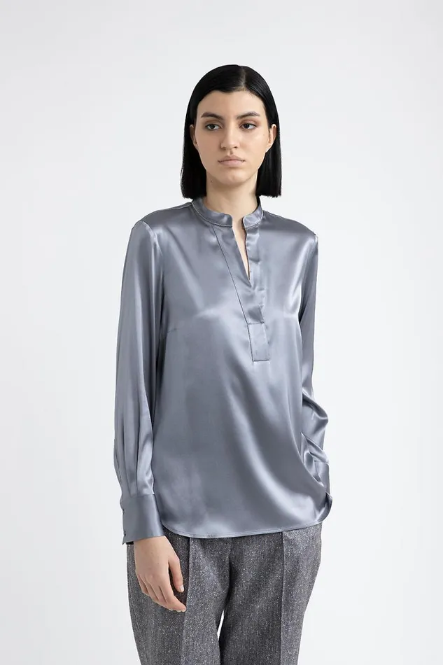 Peserico Shirts And Blouses Woman Shiny Silk Satin Shirt Slate