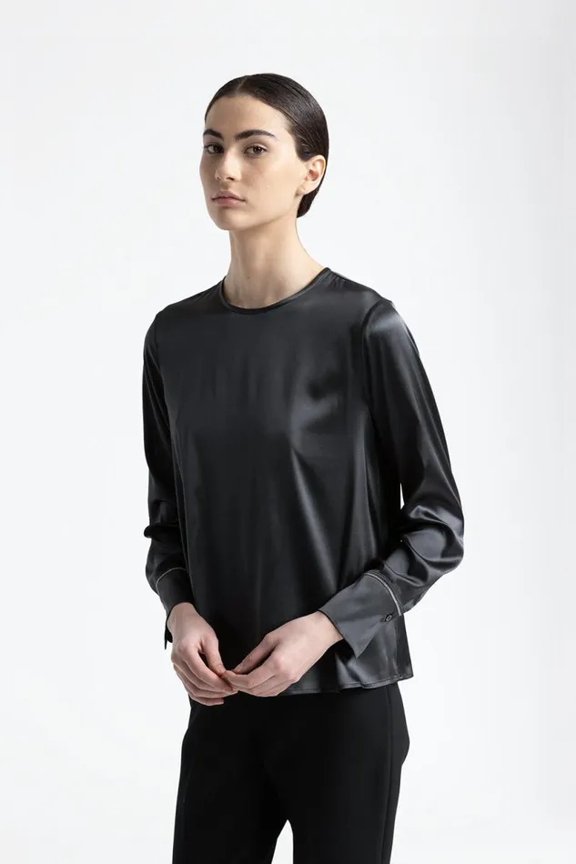 Peserico Shirts And Blouses Woman Silk Satin Shirt With Punto Luce Graphite