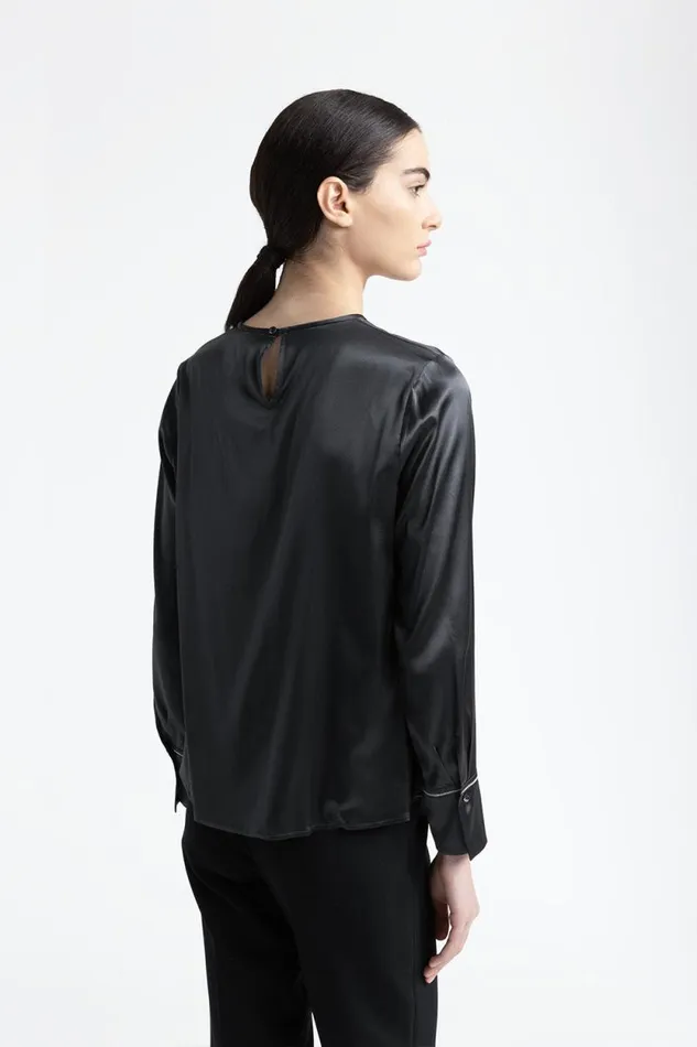 Peserico Shirts And Blouses Woman Silk Satin Shirt With Punto Luce Graphite Peserico Shirts And Blouses Woman Silk Satin Shirt With Punto Luce Graphite