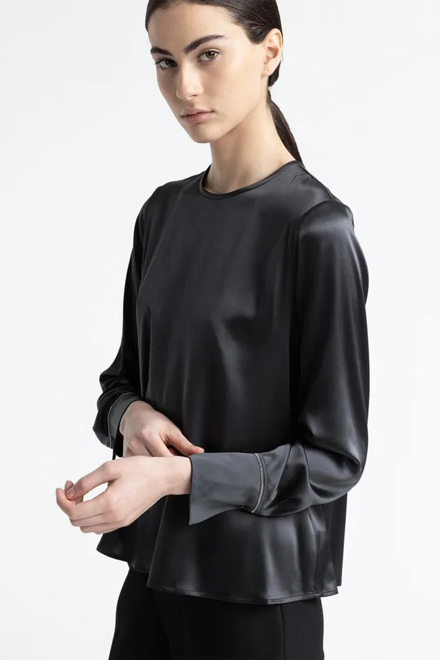 Peserico Shirts And Blouses Woman Silk Satin Shirt With Punto Luce Graphite Peserico Shirts And Blouses Woman Silk Satin Shirt With Punto Luce Graphite