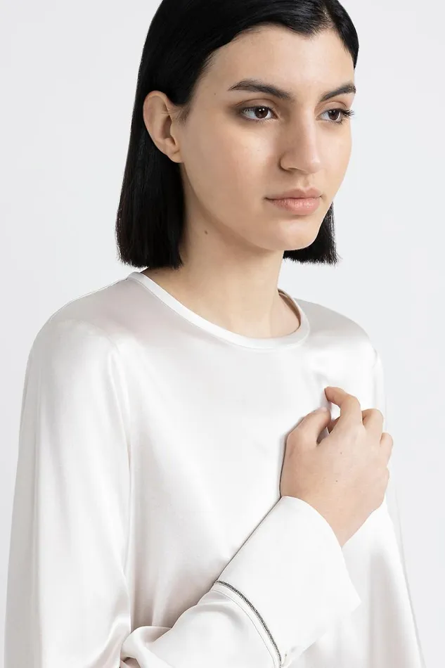 Peserico Shirts And Blouses Woman Silk Satin Shirt With Punto Luce Hornbeam Peserico Shirts And Blouses Woman Silk Satin Shirt With Punto Luce Hornbeam