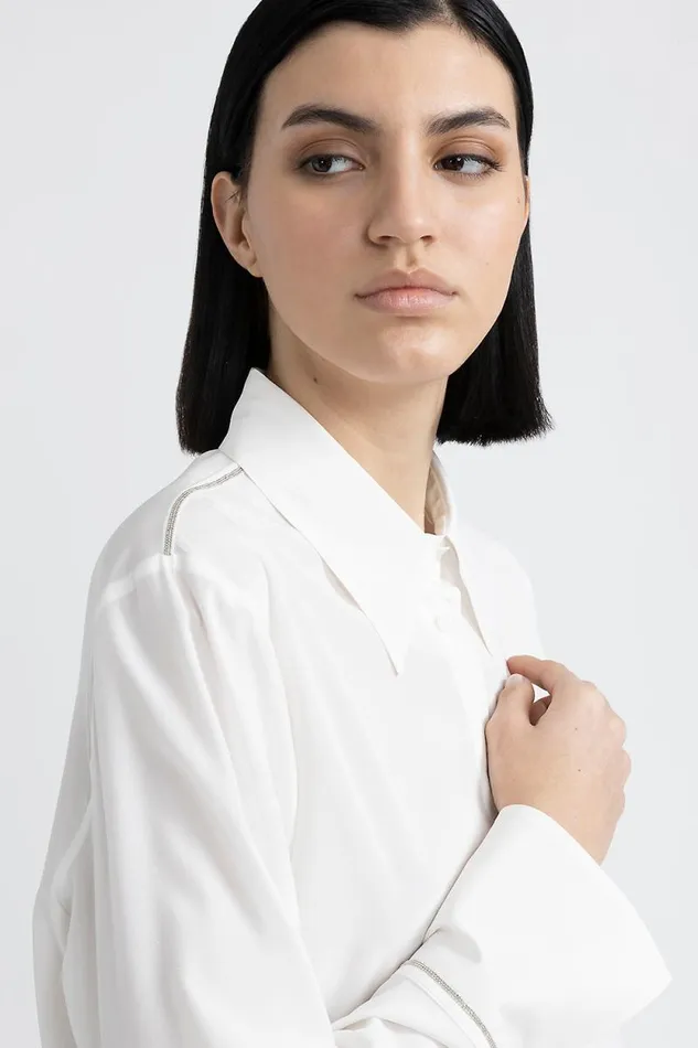 Peserico Shirts And Blouses Woman Silk Shirt With Punto Luce Trim Natural White Peserico Shirts And Blouses Woman Silk Shirt With Punto Luce Trim Natural White