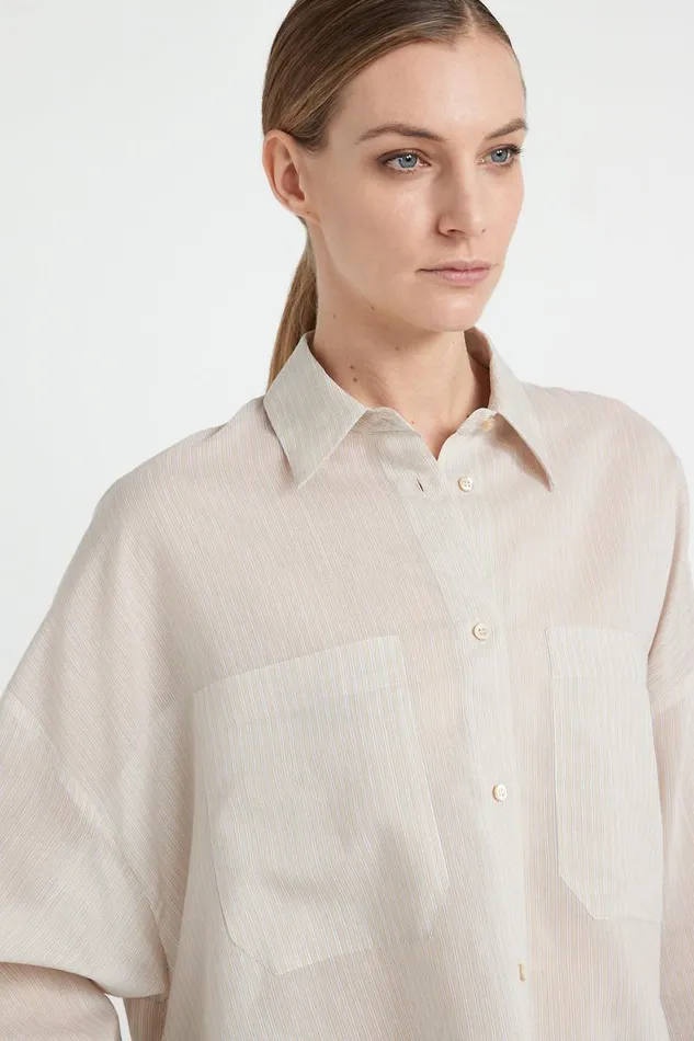 Peserico Shirts And Blouses Woman Striped Cotton And Silk Organza Shirt Barley Peserico Shirts And Blouses Woman Striped Cotton And Silk Organza Shirt Barley