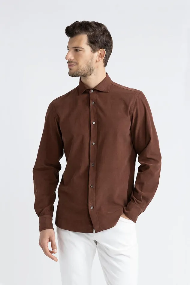 Peserico Shirts Man Cotton Needlecord Shirt Mahogany