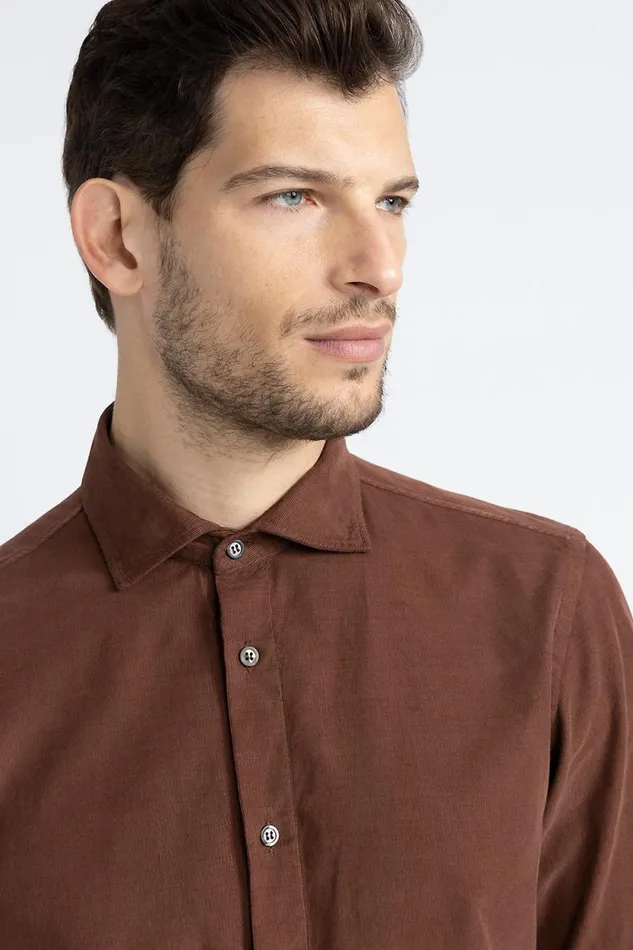 Peserico Shirts Man Cotton Needlecord Shirt Mahogany Peserico Shirts Man Cotton Needlecord Shirt Mahogany
