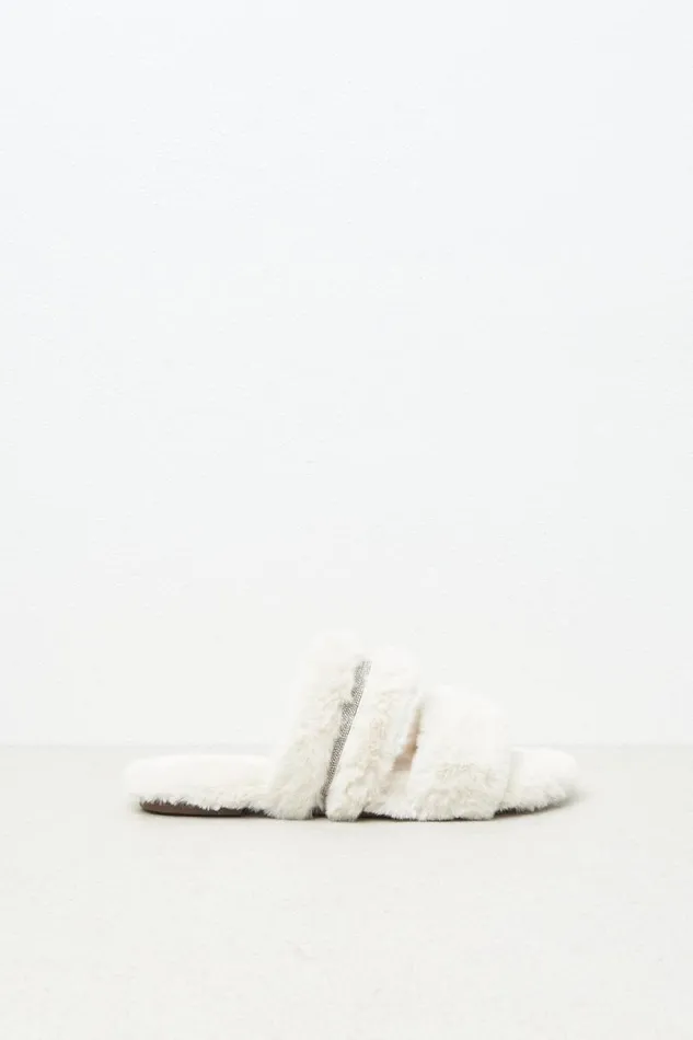 Peserico Shoes Woman EcoFur And Suede Flat Sandal Natural White