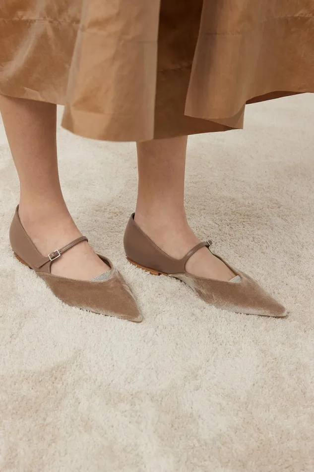 Peserico Shoes Woman Leather And Velvet Ballerina Flats Camel