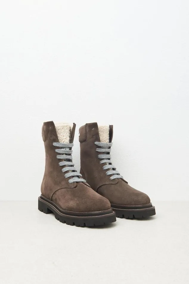 Peserico Shoes Woman Real Leather Combat Boots Walnut