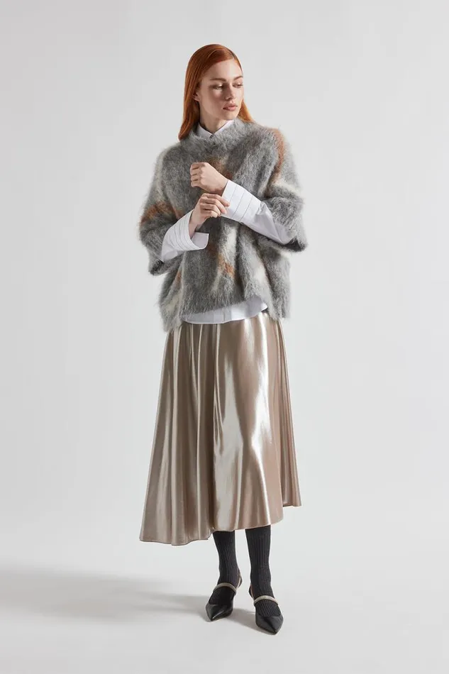 Peserico Skirts Woman Asymmetrical Midi Skirt In Silver Laminated Twill Macchiato Peserico Skirts Woman Asymmetrical Midi Skirt In Silver Laminated Twill Macchiato
