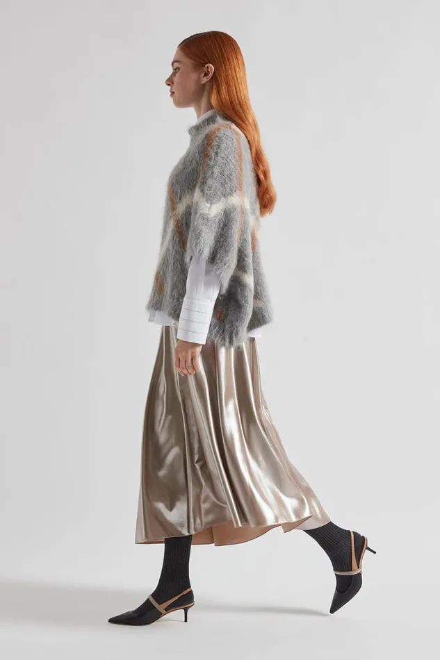 Peserico Skirts Woman Asymmetrical Midi Skirt In Silver Laminated Twill Macchiato Peserico Skirts Woman Asymmetrical Midi Skirt In Silver Laminated Twill Macchiato