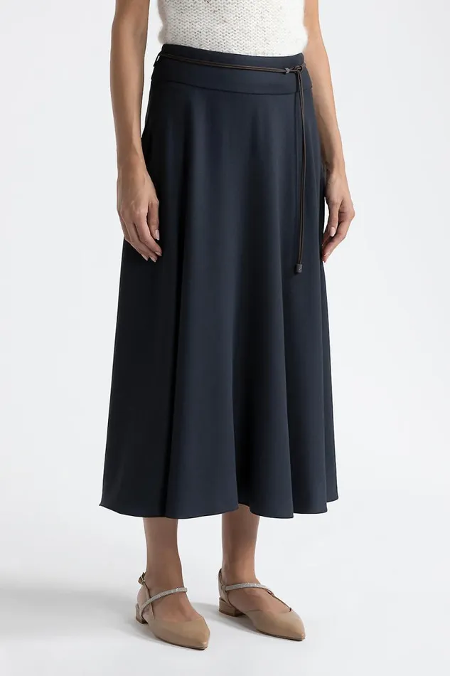 Peserico Skirts Woman Wool And Viscose Twill Long Skirt With Belt Inkwell Blue Peserico Skirts Woman Wool And Viscose Twill Long Skirt With Belt Inkwell Blue