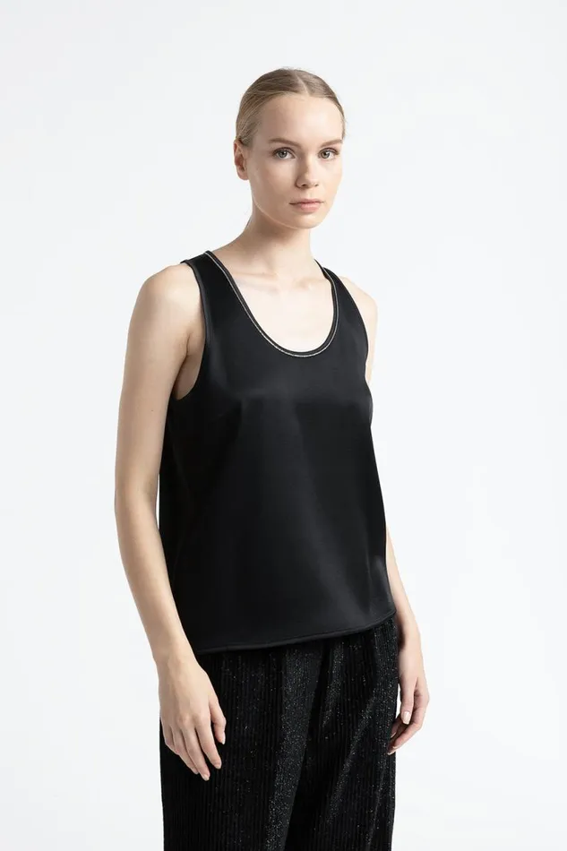 Peserico Tops And TShirts Woman Cady Envers Satin U Neck Top Black