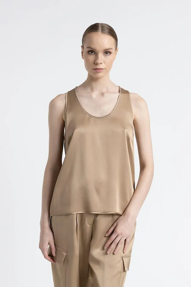 Peserico Tops And TShirts Woman Cady Envers Satin U Neck Top Camel