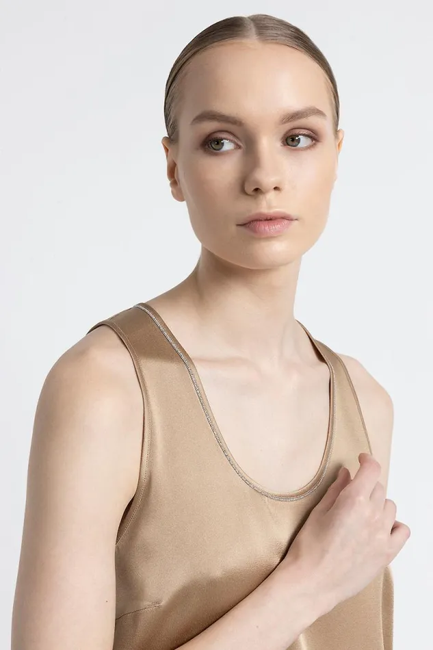 Peserico Tops And TShirts Woman Cady Envers Satin U Neck Top Camel Peserico Tops And TShirts Woman Cady Envers Satin U Neck Top Camel