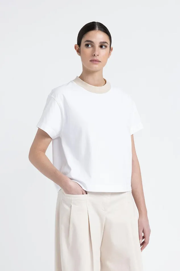 Peserico Tops And TShirts Woman Cotton Jersey TShirt With Tricot Crew Neck Barley