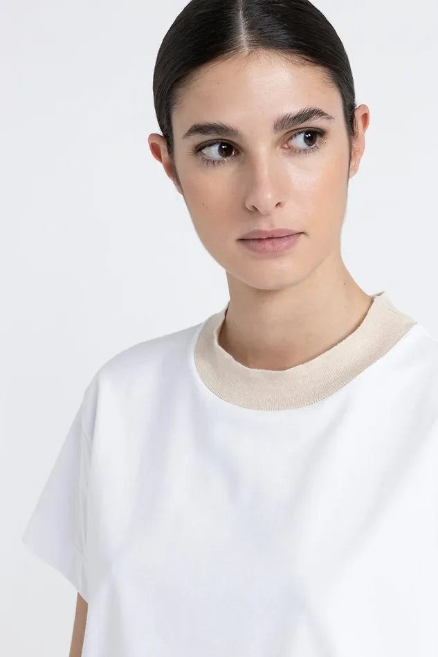 Peserico Tops And TShirts Woman Cotton Jersey TShirt With Tricot Crew Neck Barley Peserico Tops And TShirts Woman Cotton Jersey TShirt With Tricot Crew Neck Barley