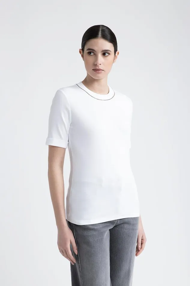 Peserico Tops And TShirts Woman Jersey TShirt With Punto Luce Trim Pure White Peserico Tops And TShirts Woman Jersey TShirt With Punto Luce Trim Pure White