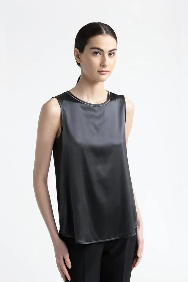 Peserico Tops And TShirts Woman Shiny Silk Satin Top With Punto Luce Trim Graphite Peserico Tops And TShirts Woman Shiny Silk Satin Top With Punto Luce Trim Graphite