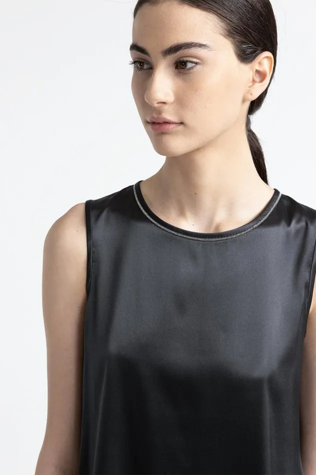 Peserico Tops And TShirts Woman Shiny Silk Satin Top With Punto Luce Trim Graphite Peserico Tops And TShirts Woman Shiny Silk Satin Top With Punto Luce Trim Graphite