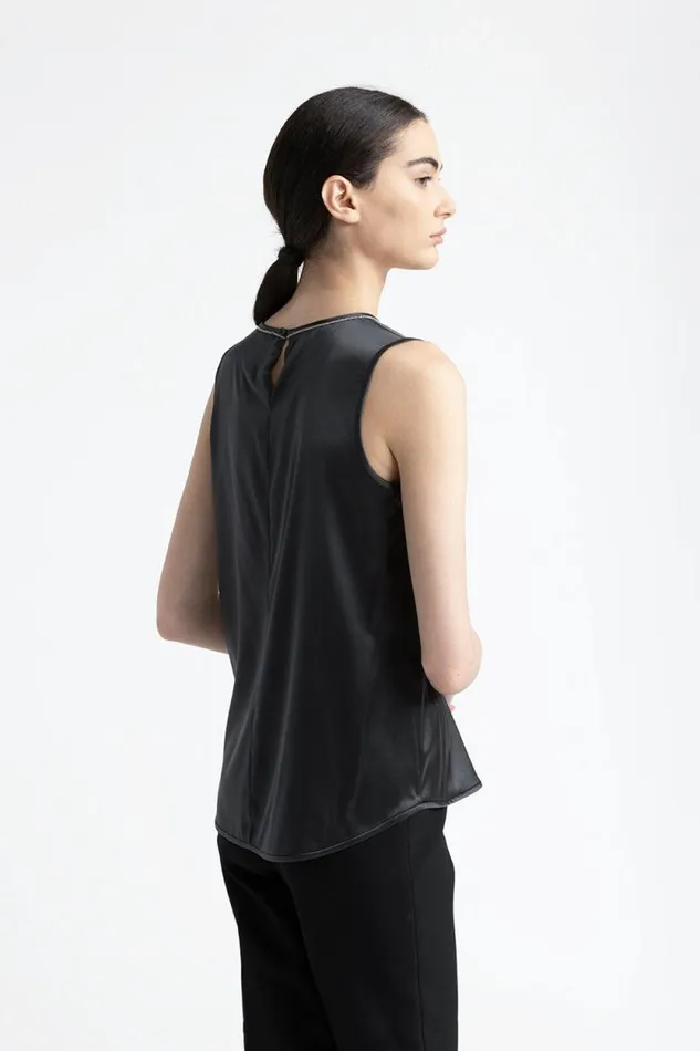 Peserico Tops And TShirts Woman Shiny Silk Satin Top With Punto Luce Trim Graphite Peserico Tops And TShirts Woman Shiny Silk Satin Top With Punto Luce Trim Graphite