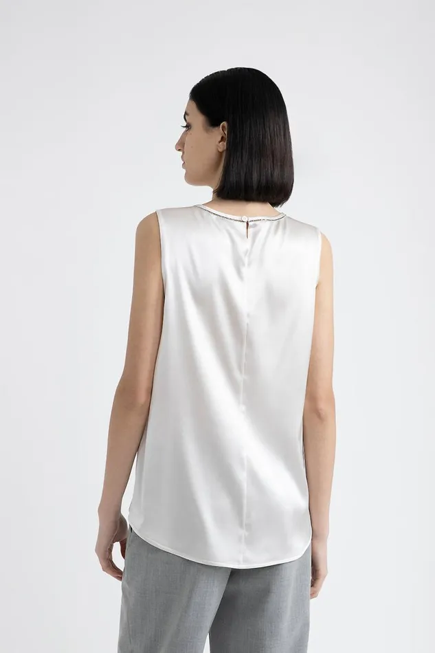 Peserico Tops And TShirts Woman Shiny Silk Satin Top With Punto Luce Trim Hornbeam Peserico Tops And TShirts Woman Shiny Silk Satin Top With Punto Luce Trim Hornbeam