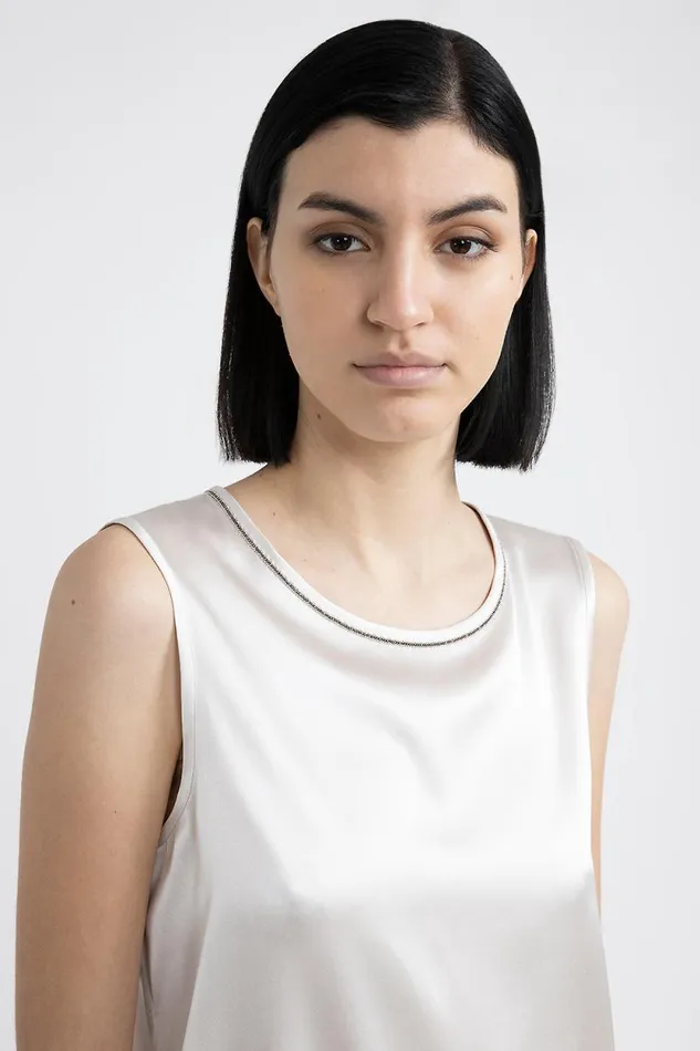 Peserico Tops And TShirts Woman Shiny Silk Satin Top With Punto Luce Trim Hornbeam Peserico Tops And TShirts Woman Shiny Silk Satin Top With Punto Luce Trim Hornbeam