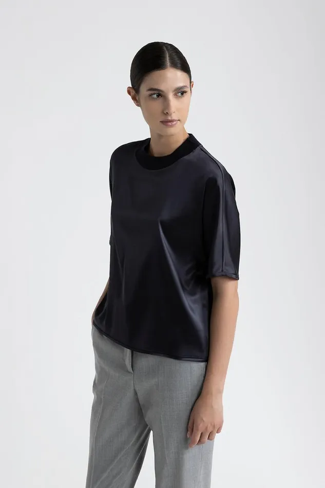 Peserico Tops And TShirts Woman Silk Satin Crew Neck TShirt Inkwell Blue