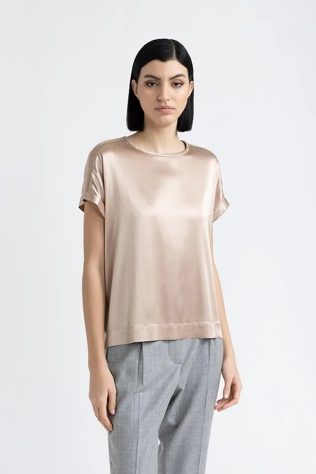 Peserico Tops And TShirts Woman Silk Satin TShirt With Punto Luce Trim Macchiato Peserico Tops And TShirts Woman Silk Satin TShirt With Punto Luce Trim Macchiato