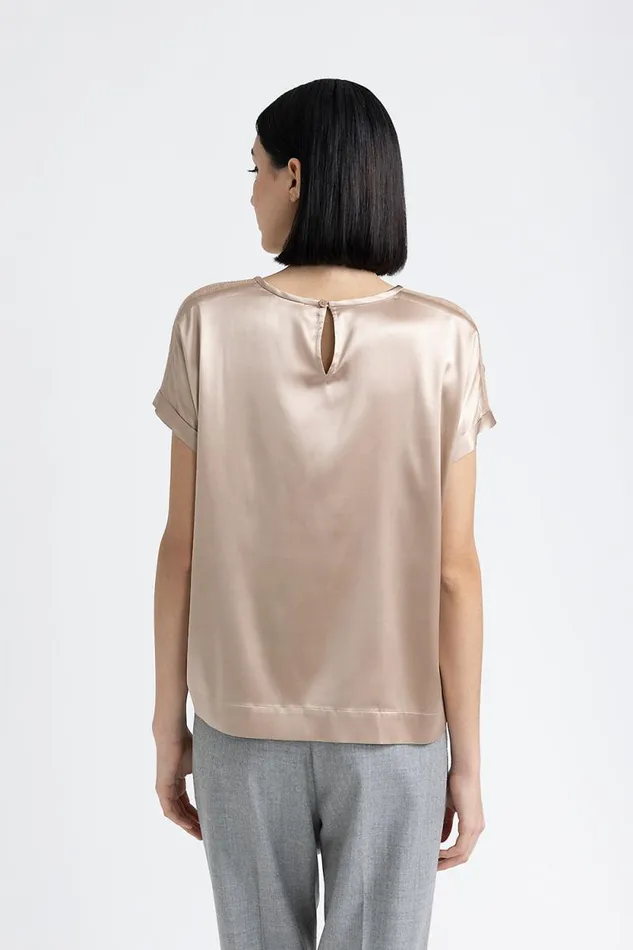 Peserico Tops And TShirts Woman Silk Satin TShirt With Punto Luce Trim Macchiato Peserico Tops And TShirts Woman Silk Satin TShirt With Punto Luce Trim Macchiato